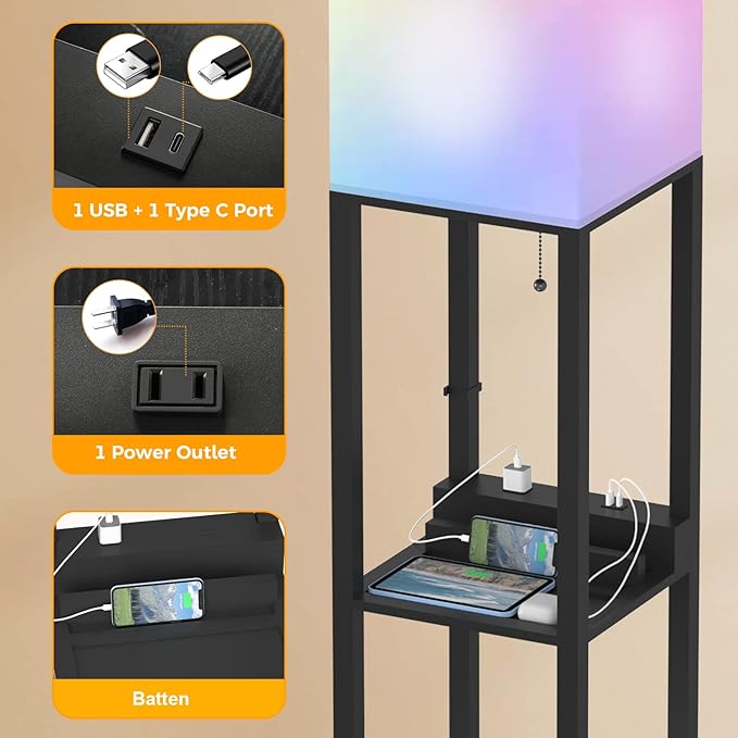 PAZZO Smart RGB Floor lamp with Shelves, Shelf Floor Lamp with Alexa, Solid Wood with 2 Charging Ports and 1 Power Outlet, Modern Standing Lamp for livingroom, Bedroom,Bulb Included,Matt Black - LeafyLoom