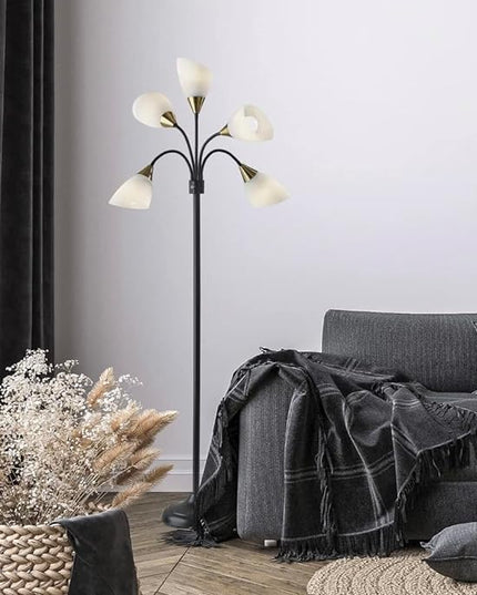 Adesso 7205-01 Multi-White Shade Floor Lamp, Adjustable Gooseneck Arms, Black w. Antique Brass Accents - LeafyLoom