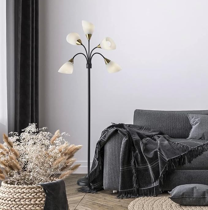 Adesso 7205-01 Multi-White Shade Floor Lamp, Adjustable Gooseneck Arms, Black w. Antique Brass Accents - LeafyLoom