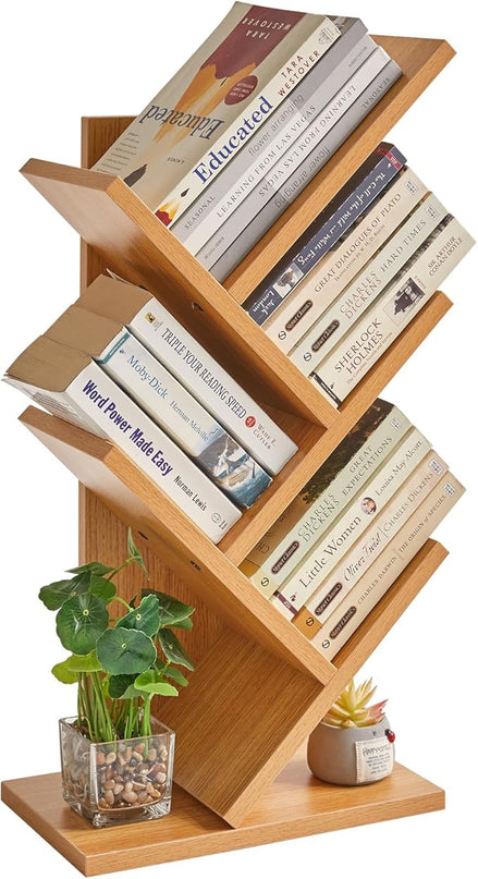 YMYNY 4 Tier Tree Bookshelf, Small Bookcase, Modern Wood Book Storage Rack, Freestanding Book shelf for Books/Movies/CDs, Narrow Display Rack for Living Room, Home Office, Natural UHBC014N - LeafyLoom
