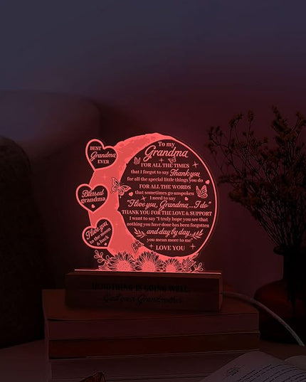 Grandma 3D Illusion Lamp w Wooden Base USB Powered Acrylic Night Light, Grandma Gifts from Grandchildren, to My Grandma Lamp Present, Gift for Grandmother, Gifts for Birthday Mothers Day - LeafyLoom