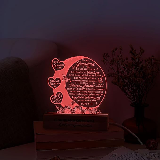 Grandma 3D Illusion Lamp w Wooden Base USB Powered Acrylic Night Light, Grandma Gifts from Grandchildren, to My Grandma Lamp Present, Gift for Grandmother, Gifts for Birthday Mothers Day - LeafyLoom