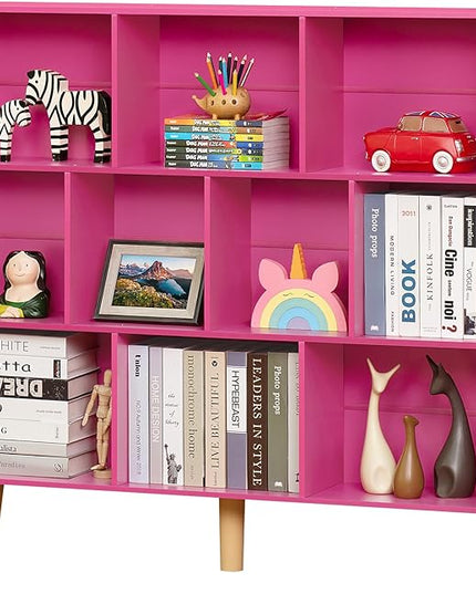 LEYAOYAO 10 Cube Bookshelf,3 Tier Modern Wide Bookcase with Legs,Mid-Century Wood Bookshelves Storage，Pink Large Book Case,Freestanding Organizer Display Shelf for Bedroom,Living Room,Office - LeafyLoom