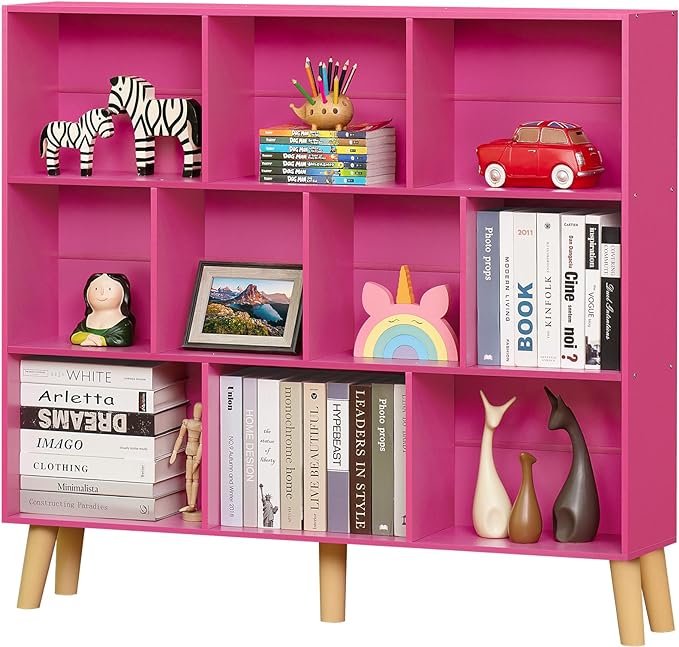 LEYAOYAO 10 Cube Bookshelf,3 Tier Modern Wide Bookcase with Legs,Mid-Century Wood Bookshelves Storage，Pink Large Book Case,Freestanding Organizer Display Shelf for Bedroom,Living Room,Office - LeafyLoom
