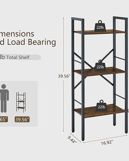 Tajsoon 3 Tier Ladder Shelf Industrial Small Bookcase, Narrow Small Bookshelf with Metal Frame, Multifunctional Skinny Shelf for Bedroom, Living Room, Home Office, Rustic Brown - LeafyLoom