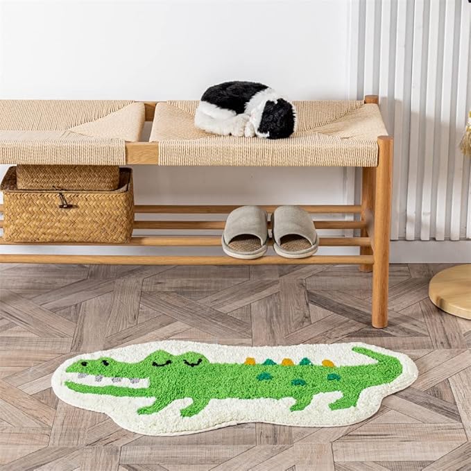 Green Crocodile Shaped Rug Cute Faux Animal Print Bathroom Rug Bath Mat Bath Carpet Shower Rug for Home Decor Bathroom Tub Floor Water Absorption Non-Slip Small Carpet Door Mat Playmat 15.7x29.5in - LeafyLoom