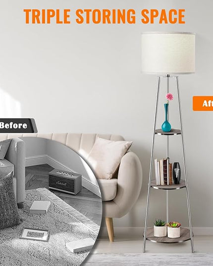 Floor Lamp, Standing Lamp with White Fabric Shade, 3-Tier Round Corner Shelf Floor Lamp with 3 Dimmable Levels, Tall Modern Floor Lamps with Shelves for Bedroom, Living Room and Office - LeafyLoom
