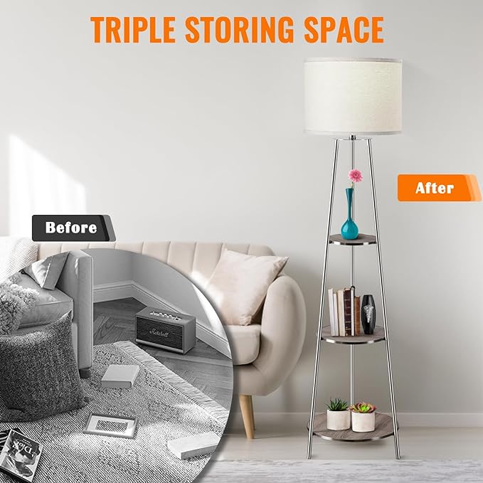 Floor Lamp, Standing Lamp with White Fabric Shade, 3-Tier Round Corner Shelf Floor Lamp with 3 Dimmable Levels, Tall Modern Floor Lamps with Shelves for Bedroom, Living Room and Office - LeafyLoom