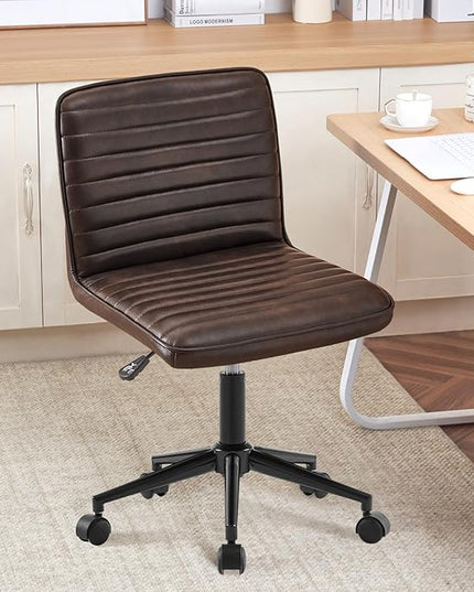 Furniliving Leather Home Office Chair, Armless Vanity Desk Task Chair with Wheels 360° Swivel Computer Rolling Desk Chair with Back, Adjustable Accent Chair with Gold Metal Base Stool - LeafyLoom