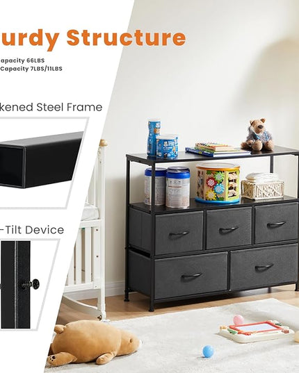 Sweetcrispy TV Stand for Bedroom, TV Dresser for 45 inches, Media Console Table, Entertainment Center with 5 Fabric Drawers Cabinet and Open Storage Shelf Furniture Cabinet for Living Room, Hallway - LeafyLoom