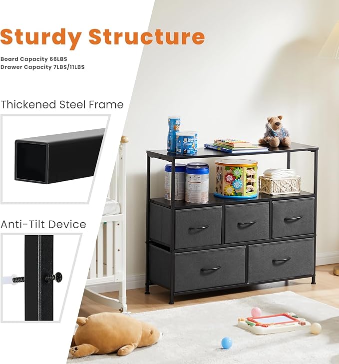 Sweetcrispy TV Stand for Bedroom, TV Dresser for 45 inches, Media Console Table, Entertainment Center with 5 Fabric Drawers Cabinet and Open Storage Shelf Furniture Cabinet for Living Room, Hallway - LeafyLoom