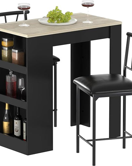 VECELO Small Bar Table and Chairs Tall Kitchen Breakfast Nook with Stools/Dining Set for 2, Storage Shelves, Space-Saving, Gray - LeafyLoom
