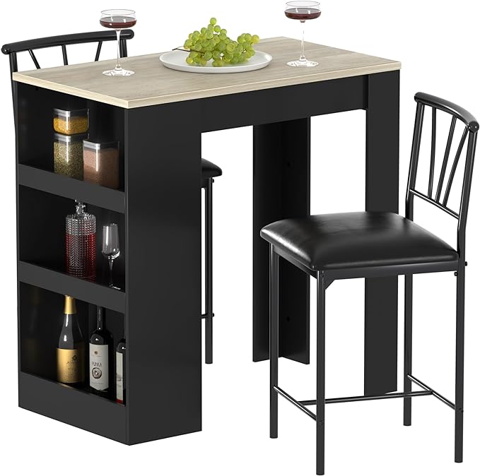 VECELO Small Bar Table and Chairs Tall Kitchen Breakfast Nook with Stools/Dining Set for 2, Storage Shelves, Space-Saving, Gray - LeafyLoom