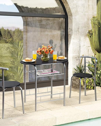 DORTALA 3PCS Dining Table Set, 1 table & 2 chairs set, 3 Piece Compact Dining Set, Oval Table & Mid-back Chairs w/Built-in Wine Rack, Suitable for Small Space, Black & Silver - LeafyLoom