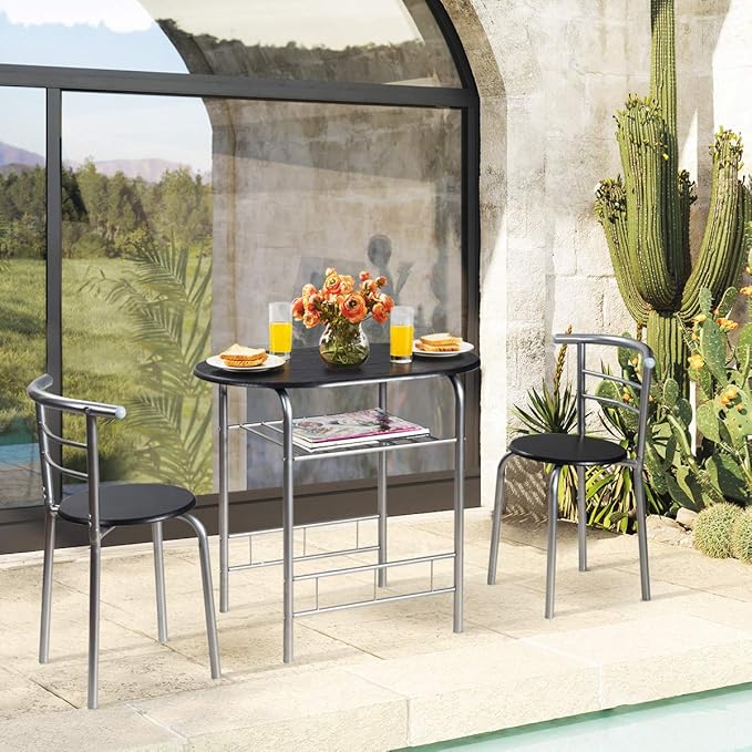 DORTALA 3PCS Dining Table Set, 1 table & 2 chairs set, 3 Piece Compact Dining Set, Oval Table & Mid-back Chairs w/Built-in Wine Rack, Suitable for Small Space, Black & Silver - LeafyLoom
