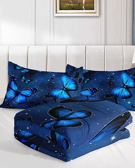 Datura home Blue Butterfly Comforter Set for Girls Women,Bright Blue Butterflies in Blue Sky with Stars Printed Bedding Set with 2 Pillowcases(Butterfly Blue Twin) - LeafyLoom