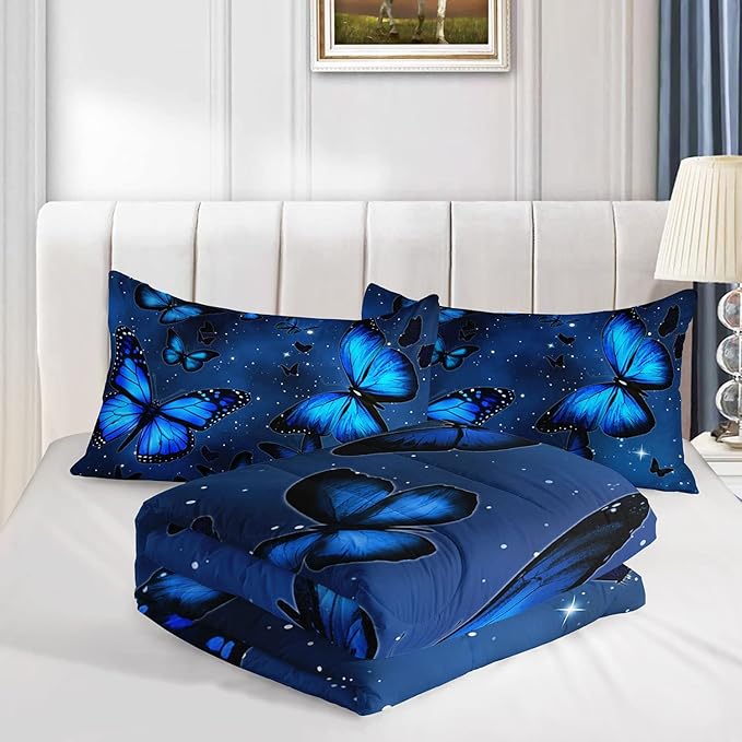 Datura home Blue Butterfly Comforter Set for Girls Women,Bright Blue Butterflies in Blue Sky with Stars Printed Bedding Set with 2 Pillowcases(Butterfly Blue Queen) - LeafyLoom