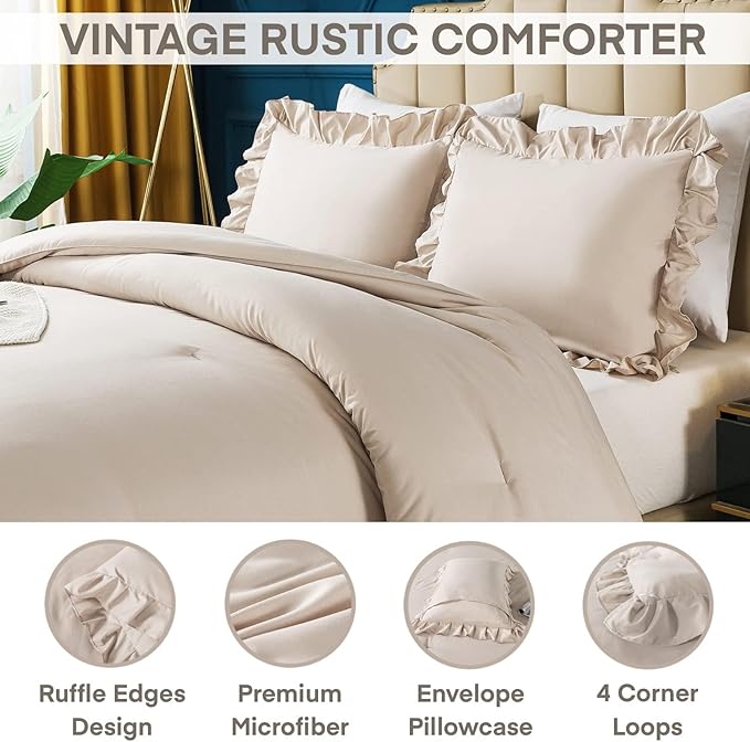 Andency California King Comforter Set Khaki (104x96Inch), 3 Pieces Cal King Ruffle Comforter, Oversized Farmhouse Shabby Chic Bed Comforter, Lighteweight and Soft Microfiber Bedding Set - LeafyLoom