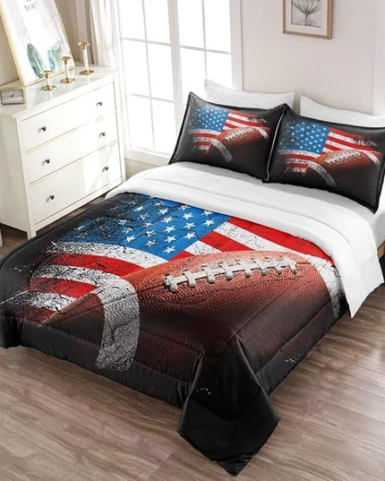 American Football Comforter Set for Boys Teens,Kids Sports Bedding Set Queen Size,USA Flag Football Printed Bedroom Sets with 2 Matching Pillow Shams - LeafyLoom