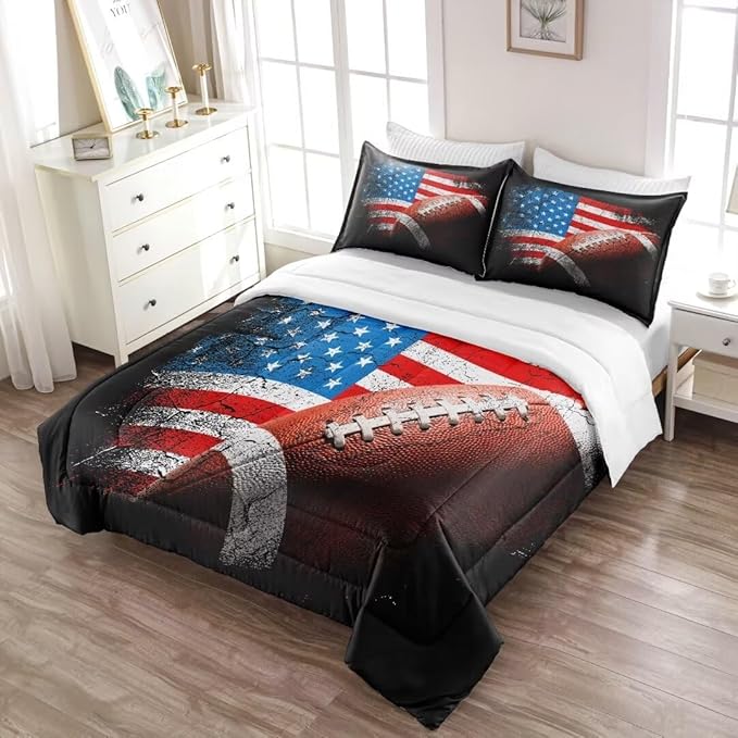 American Football Comforter Set for Boys Teens,Kids Sports Bedding Set Full Size,USA Flag Football Printed Bedroom Sets with 2 Matching Pillow Shams - LeafyLoom