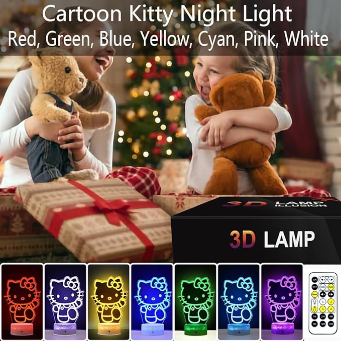 Cat Light, Cartoon Kitty Design 3D LED Lamp Gift Ideas in Kids Room Kitty Decor Lamp Most Wished for in Night Light for Kids Gifts 7 Color Change with Remote, Timer, for Kids Themed Gift for Cat Lover - LeafyLoom