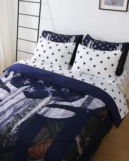 Boys Camo Deer Bedding Set Queen Size 7 Piece Bed in A Bag Camouflage American Flag Comforter Set for Kids Teens Men Super Soft All Season - LeafyLoom