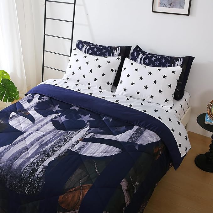 Boys Camo Deer Bedding Set Queen Size 7 Piece Bed in A Bag Camouflage American Flag Comforter Set for Kids Teens Men Super Soft All Season - LeafyLoom