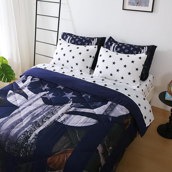 Boys Camo Deer Bedding Set Full Size 7 Piece Bed in A Bag Camouflage American Flag Comforter Set for Kids Teens Men Super Soft All Season - LeafyLoom