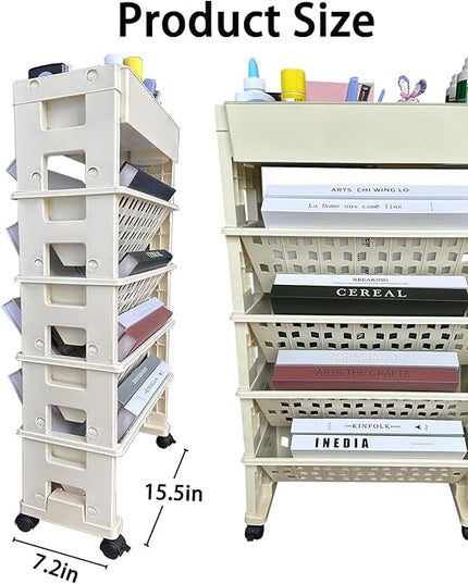 5 Tier Rolling Book Utility Cart, Removable Movable Bookshelf Organizer with Wheels, Storage Book Shelves, Book Rack for Study in Classroom Home School Office Light Yellow - LeafyLoom