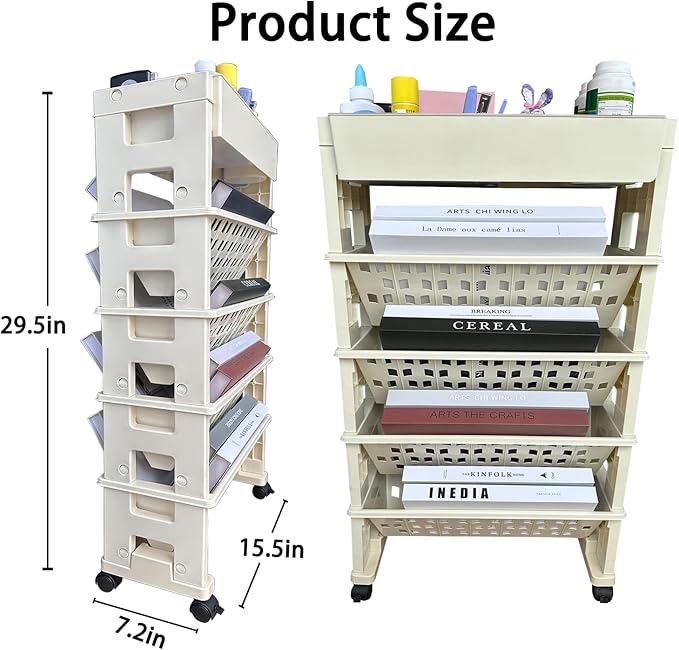 5 Tier Rolling Book Utility Cart, Removable Movable Bookshelf Organizer with Wheels, Storage Book Shelves, Book Rack for Study in Classroom Home School Office Light Yellow - LeafyLoom