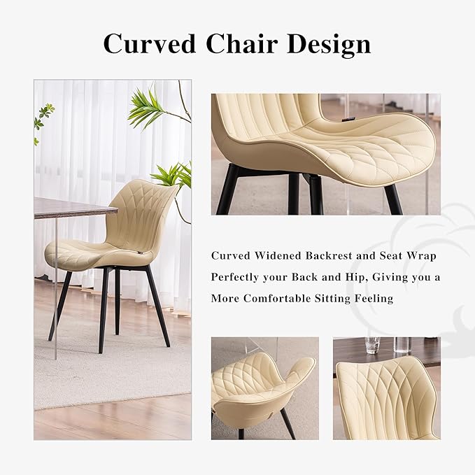 YOUNIKE Dining Chairs Set of 2, Upholstered Faux Leather Kitchen Chairs Dining Room Chairs, Modern Living Room Bedroom Side Chairs with Wide Curved Back and Adjustable Metal Legs, Beige - LeafyLoom