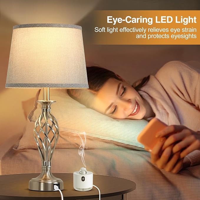 Nightstand Table Lamps for Bedrooms Set of 2 with USB C+A, Bedside Lamps with Spiral Cage Base, Tall Living Room Lamps for End Tables, Modern Night Stand Lamps for Bed Side Guest Room Bulbs Included - LeafyLoom