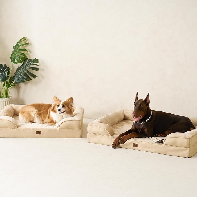 EHEYCIGA Orthopedic Dog Beds for Large Dogs, Waterproof Memory Foam Large Dog Bed with Sides, Non-Slip Bottom and Egg-Crate Foam Large Dog Couch Bed with Washable Removable Cover, Greige EHEYCIGA