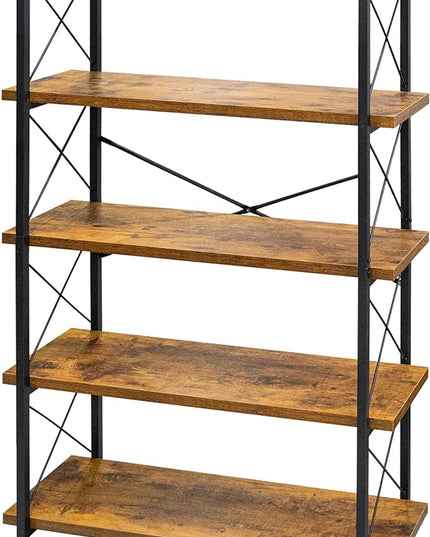 HCHQHS Bookshelf, 5-Tier Industrial Bookcase, Rustic Open Book Shelf, Freestanding Tall Bookshelves with Metal Frame - LeafyLoom
