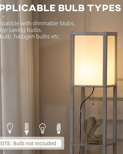 HOMCOM Modern Floor Lamp with Shelves & Dual Ambient Lighting, Tall Standing Lamp for Living Room, Bedroom with Fabric Lampshade (Bulb not Included), White - LeafyLoom