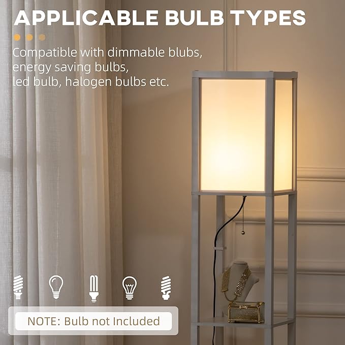 HOMCOM Modern Floor Lamp with Shelves & Dual Ambient Lighting, Tall Standing Lamp for Living Room, Bedroom with Fabric Lampshade (Bulb not Included), White - LeafyLoom