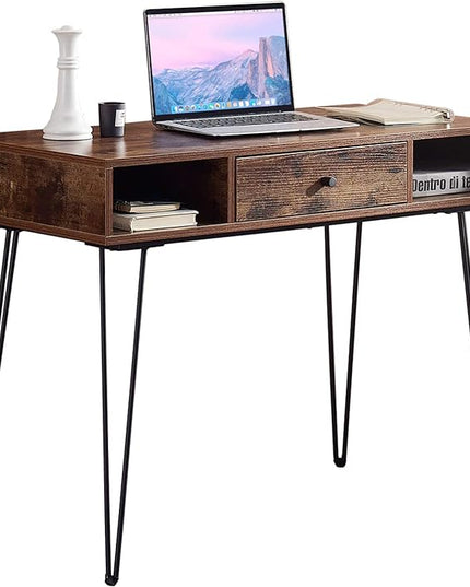 VECELO 39.3" Home Office Work Table with Drawers Computer Desk Writing/Study, 39 Inch Hairpin Legs, Retro Brown - LeafyLoom
