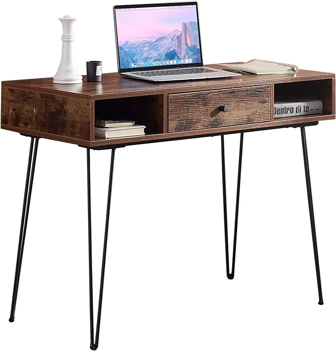 VECELO 39.3" Home Office Work Table with Drawers Computer Desk Writing/Study, 39 Inch Hairpin Legs, Retro Brown - LeafyLoom