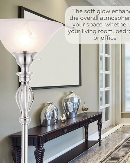 LIGHTACCENTS Silver Floor Lamp for Living Room with White Alabaster Glass Shade - Stand Up Torchiere Lamp - Durable Iron Scrollwork - Brushed Nickel Pole Lamp - Elegant Floor Lamp for Bedrooms - LeafyLoom