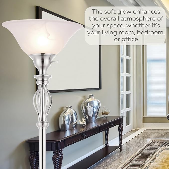 LIGHTACCENTS Silver Floor Lamp for Living Room with White Alabaster Glass Shade - Stand Up Torchiere Lamp - Durable Iron Scrollwork - Brushed Nickel Pole Lamp - Elegant Floor Lamp for Bedrooms - LeafyLoom