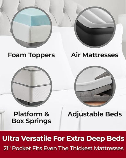 Mellanni Extra Deep King Sheets - 4 PC Iconic Collection Bedding Sheets & Pillowcases - Hotel Luxury, Ultra Soft, Cooling Bed Sheets - Extra Deep Pocket up to 21 inch (King, White) - LeafyLoom