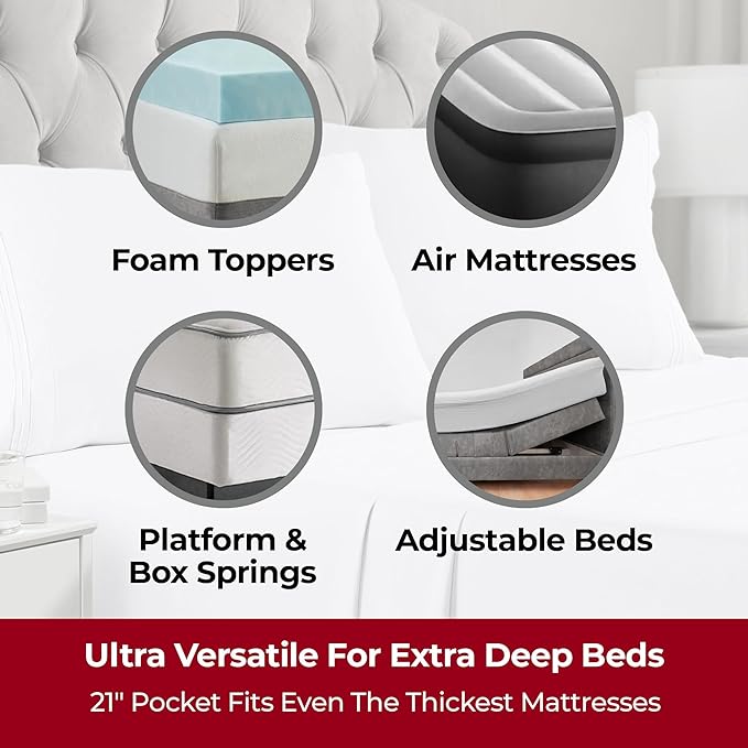 Mellanni Extra Deep King Sheets - 4 PC Iconic Collection Bedding Sheets & Pillowcases - Hotel Luxury, Ultra Soft, Cooling Bed Sheets - Extra Deep Pocket up to 21 inch (King, White) - LeafyLoom