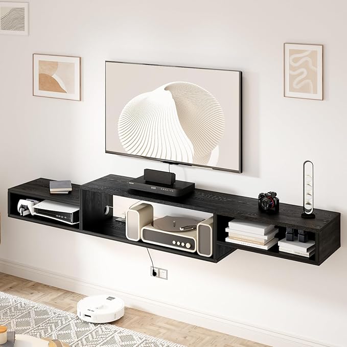 Floating TV Stand Wall Mounted with Power Outlet 70", Floating Entertainment Center, Wood Media Console Shelf for Under TV Storage for Living Room Bedroom Office, Black - LeafyLoom