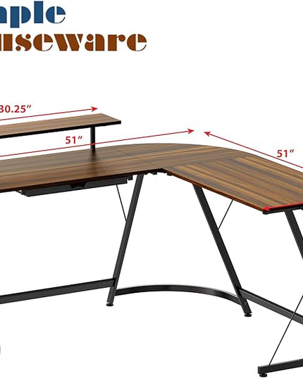 SHW Vista L-Shape Desk with Monitor Stand, Walnut - LeafyLoom