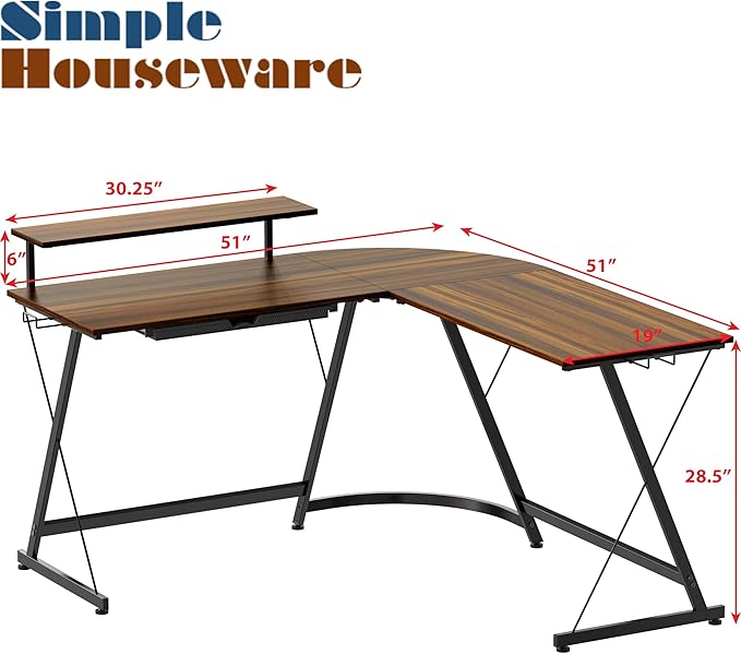 SHW Vista L-Shape Desk with Monitor Stand, Walnut - LeafyLoom