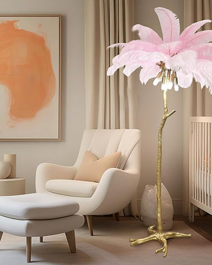 Romantic Feather Floor Lamp Modern Luxury Resin Ostrich Feather LED Lamp Living Room Bedroom Corner Decoration Floor Lamp Pink - LeafyLoom
