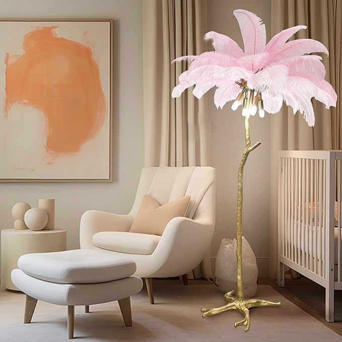 Romantic Feather Floor Lamp Modern Luxury Resin Ostrich Feather LED Lamp Living Room Bedroom Corner Decoration Floor Lamp Pink - LeafyLoom
