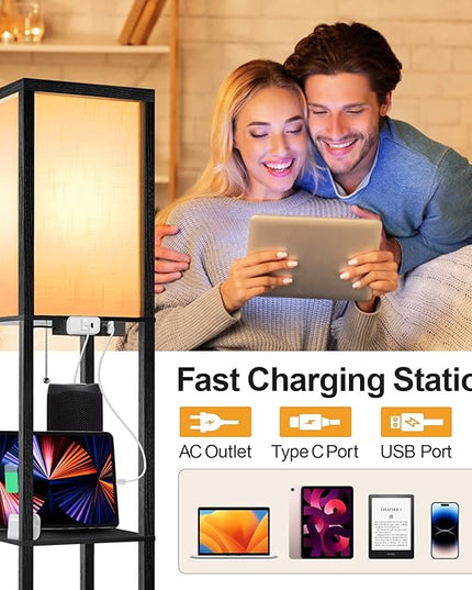 OUTON Floor Lamp with Shelves, Dimmable Shelf Floor Lamp with Remote, 1USB & 1 Type C Ports, 1 Power Outlet, Modern Standing Lamp with 4 Color Temperature for Living Room, Bedroom, Matte Black - LeafyLoom