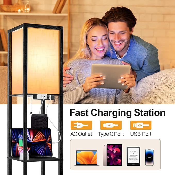 OUTON Floor Lamp with Shelves, Dimmable Shelf Floor Lamp with Remote, 1USB & 1 Type C Ports, 1 Power Outlet, Modern Standing Lamp with 4 Color Temperature for Living Room, Bedroom, Matte Black - LeafyLoom