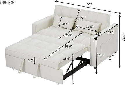 3 in 1 Convertible Loveseat Sleeper Sofa Bed,Modern Velvet Tufted Upholstered Love Seats Sofabed W/Pull Out Sleep Couch and 2 Pillows for Living Room, 55.21", Beige-1123 - LeafyLoom